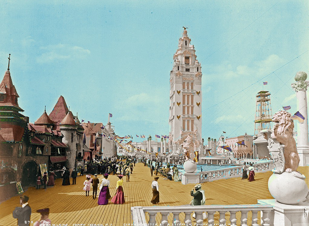 I colorized this from a photo of Dreamland on Coney Island 1904 from Shorpy. Dreamland burnt down in May 1911. View full size.