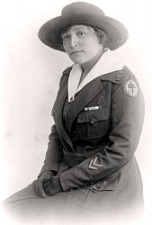 My ex-husband's grandmother, Charlotte Edith Anderson Monture, in her AEF Red Cross nurse's uniform. "Andy" served in France during WWI. Although she was a Mohawk from the Six Nations Reserve, in Southern Ontario, she served with the American Forces. She was the first Native woman in Canada to be trained as a nurse. However, because of racial attitudes in the day, no hospital in Canada would train an "Indian". She applied and was accepted at the New Rochelle Hospital, in New York, and trained there as a nurse, becoming a school nurse. When the Americans joined the War, she signed up, too. She served at Buffalo Base Hospital 23, in Vittelles, France. She returned home to Six Nations after the war, serving her people as a nurse until 1955. She died just short of her 106th birthday, in 1996. It was a privilege to have known her. (As a side note, she had the opportunity to dance with Eddie Rickenbacker when he visited the hospital. She said he was "a bit full of himself"...) View full size.
(ShorpyBlog, Member Gallery)
