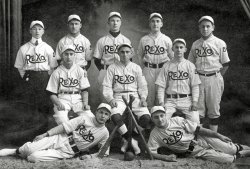 Circa 1920s: My grandfather Edwin Shutan, (middle row, far left) played in a local baseball league. He was the team manager. They played in Humboldt Park and Garfield Park on Chicago's West side. When the gambling got heavy on the sidelines, Edwin decided he wanted no part of that, so he quit playing! Rexo was a manufacturer of chemicals and photo products. View full size.
(ShorpyBlog, Member Gallery)