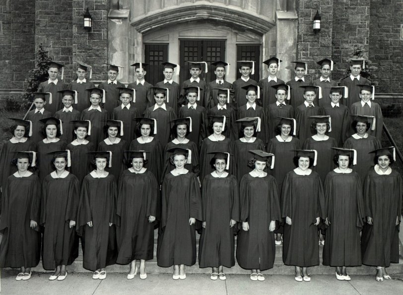 St. Leo's School, East Paterson New Jersey, June 1952, eighth grade graduation class. Submitter is on far left, second row down. View full size.
