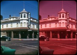 On the left, a general idea of what this 35mm Ektachrome slide looked like shortly after my brother shot it in July 1956. On the right, what it really looks like today. Luckily, Ektachrome's fading is pretty uniform and restricted to one color, so in most cases a well-exposed shot can be corrected to yield something acceptable. Over- and under-exposures are more of a problem.

This is the Blue Rock at the corner of Magnolia & Ward in downtown Larkspur, California. In it is one of the three bars. Also: a very nice 1946ish Plymouth convertible, and in the foreground, the front end of a Nash Metropolitan. View full size.