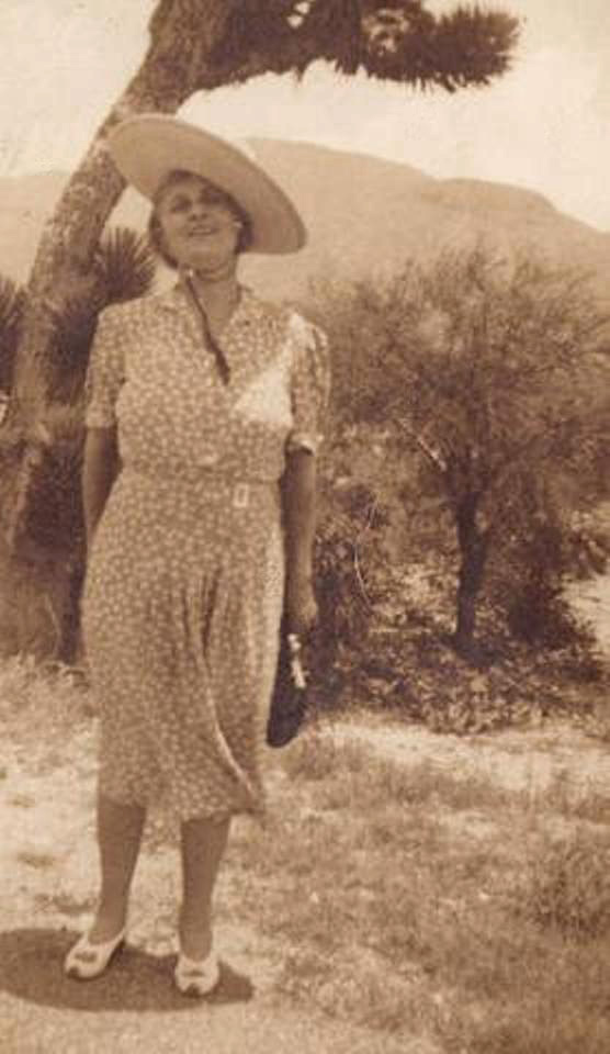 This is my great-grandmother, Elise Hindermann Fallon in Mexico in 1941. She was going to see a special production of Wagner's Ring Cycle and had a car and driver take her and a friend from New Orleans to Mexico City. At one point, they were chased by bandits on horseback. She was a bit of a pistol (she eloped with my great-grandfather). 
