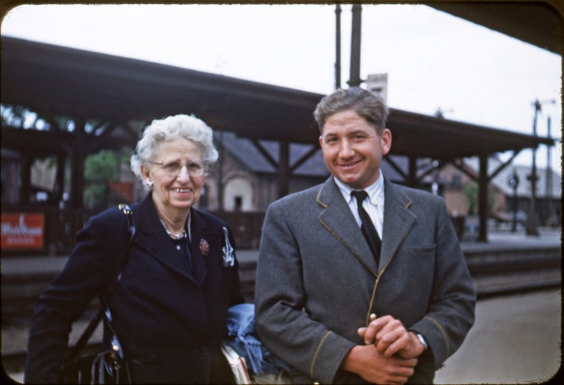 From a set of Kodachrome slides I found in an antique store, apparently taken by American tourists. The woman appears in several, but going by the notation written on this one, "Friberg -- Hans" and by the chap's garb, I'm guessing he's a European acquaintance or relative. The slides aren't dated, but the mounts are the type used by Kodak from 1950-1955. View full size.