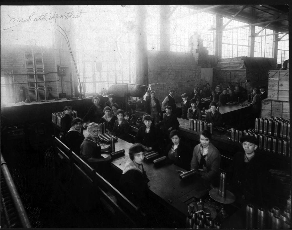 Mrs. Ruth Van Fleet (named in the photo) lived with my grandmother until Van Fleet's death in 1943. The exact date of this image is unknown, but it looks like the women could be working in a munitions factory. So I'd guess it was probably the early '40s. View full size.
