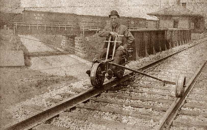 Known as the Velocipede, these bikes were used on the railroad for track inspectors and many other employees. This was a great great step grandfather inspecting the rails on the Pennsy in the late 30's. The original picture was printed backward but due to technology today I was able to investigate and flip it correctly.