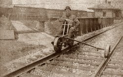 Known as the Velocipede, these bikes were used on the railroad for track inspectors and many other employees. This was a great great step grandfather inspecting the rails on the Pennsy in the late 30's. The original picture was printed backward but due to technology today I was able to investigate and flip it correctly.
neat,Had heard of these, but, this is the first I've ever seen.  Thanks
Who&#039;s the dealer?Where can I get one?!
Track inspection velocipedeThere is or was a similar machine at the Casey Jones museum at "The old country store" in Jackson, TN.  I bet it gave the inspector's upper body a nice workout, especially if he heard an approaching locomotive behind him.
Pennsy Depot in Hudson, OhioFirst day on Shorpy so I looked for anything local that I could help identify. I'm from Akron, so Hudson is very close by, but thanks to Waymarking.com, I don't even need to hunt this down or take current photos--they already have it photographed and geotagged here.
(ShorpyBlog, Member Gallery)