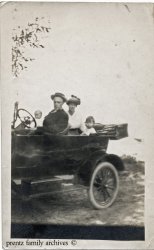 My grandfather worked at the Highland Park Model T plant from 1910 to 1919. About 1915 they bought their first car, of course a Model T. My grandmother wrote on the back of the photo, "What a TRILL!" When they moved back to Pennsylvania in 1919 grandma drove a T (not sure if it was the same one or not) to deliver baked goods, helping out with the family income. Photo taken in the Highland Park area. View full size.
(ShorpyBlog, Member Gallery)