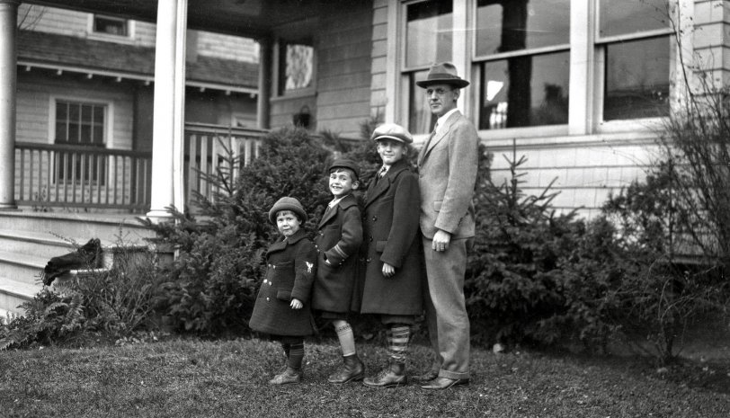 Dad and his kids I presume posing at home. Unknown location but likely somewhere in New England. From my negatives collection. View full size.
