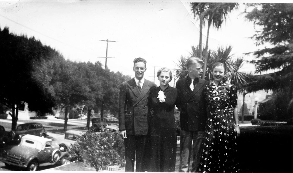 Another from my grandmother's photo album, no names on the back of the photo, but the gal on the right looks like my grandmother. I'm not sure who the others are, but I know the guy with his arm around her is not grandpa. This was likely taken around the time she graduated Hollywood High School in 1933. View full size.