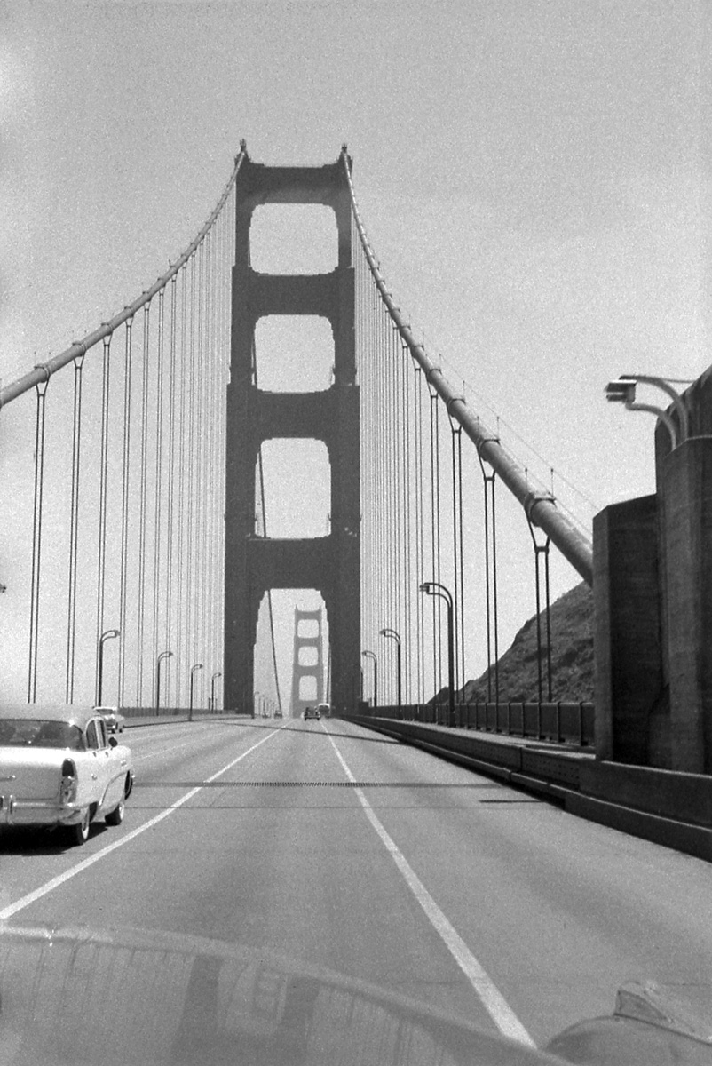 Traffic report for the Golden Gate Bridge, Tuesday August 2, 1955: there isn't any. We're in the Hudson on the way to Golden Gate Park and Playland at the Beach. My brother's 35mm Tri-X negative.