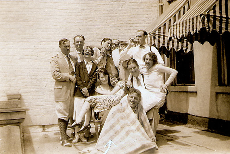 My grandmother Hazel (center, spotted dress) and her pals partying it up during a Prohibition-era long weekend in the New York City suburbs of Glen Cove, Long Island. She was 22 years old when this photo was taken, enjoying single life in the Jazz Age. I like to think the tall fellow on the right is sneaking a real beer and not the fake stuff. View full size.