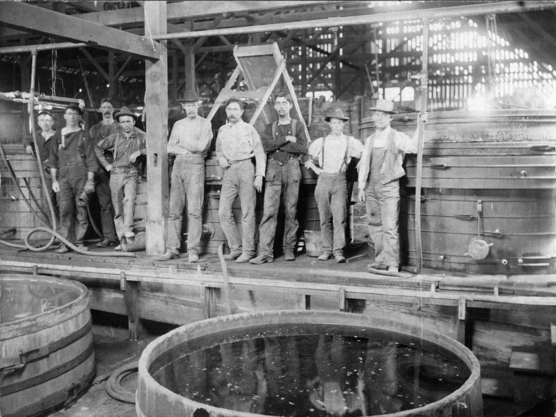 Another photo of a group of workers at a mine in Angels Camp, California. One of the people is my wife's great uncle, Earl Chapman. View full size.
