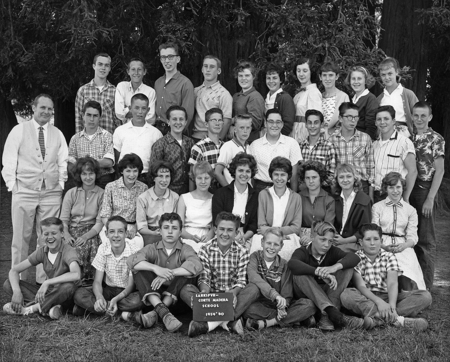 Even though it's 1960, it's obvious that the 60s haven't started yet. My eighth grade class photo in Larkspur - or as Dave would say, idyllic Larkspur. I must say, though, that we're looking somewhat less idyllic than when some of us were gathered at the same spot eight years earlier. I'm in the front row, second from left.

So, when did the 60s begin? A case could be made for 1963, 1964 or 1965, but I'm going for 1965. View full size.