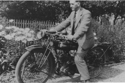 This is my wife's grandfather, his surname is Bishop, she can't remember his first name. He was the manager of Bonnyrigg Gasworks in Midlothian, Scotland. The bike has been identified as a Triumph model W 277 cc from 1927. Photo probably taken in 1930s. View full size.
(ShorpyBlog, Member Gallery)