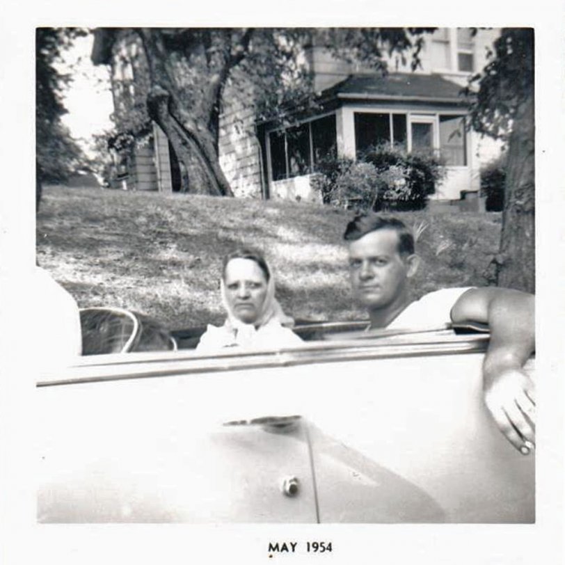 My maternal grandmother, Essie Shipe [b.1900], and my uncle Billy Shipe, riding in a Plymouth convertible, Kansas City, Kansas 1953.
