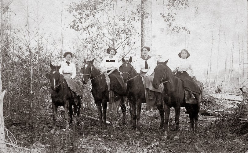 This is my grandmother, Maudie Wineinger, far right, on an outing with her friends, from left, Essie Rowen, Anna Rowen and Essie Canady. We think the time was around 1910 and the location was near Paragould, Arkansas. No names for the horses, unfortunately. View full size.
