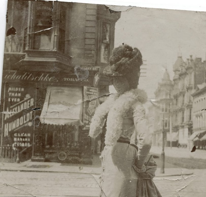 Taken of my grandmother in San Francisco at the corner of Grant Ave. and Geary St. in 1900. View full size.
