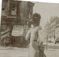 Taken of my grandmother in San Francisco at the corner of Grant Ave. and Geary St. in 1900. View full size.
(ShorpyBlog, Member Gallery)