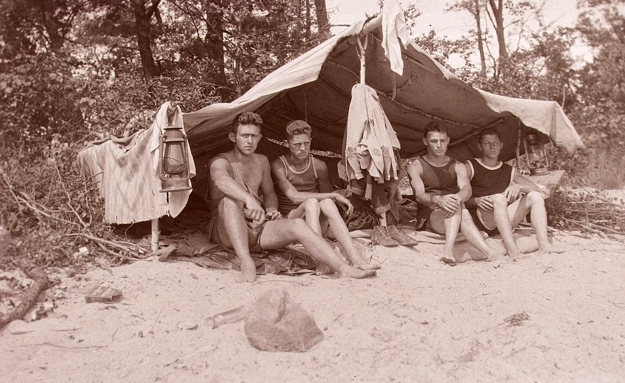 All I can really tell you about this is that it was taken on a beach somewhere in Maine. My grandfather Harold L. Winter is sitting on the far left. This was in a box of negatives of his and I believe it's from 1920, which would have made him about 18, as he was born in 1902. He grew up in Livermore Falls so it may be in that area somewhere or possibly near Orono where he went to the University of Maine. I will share more of his photos in time. View full size.