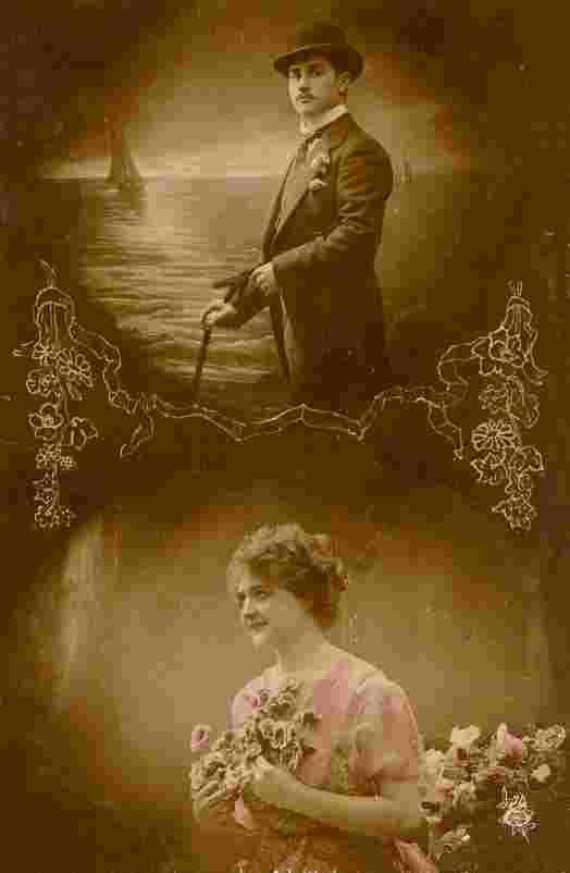This was a postcard my grandfather, Angel Ortega, had made from a photo of himself and his fiancee, Nemesia Quintana, in Gibara, Cuba.  I believe it was dated 1918. 
