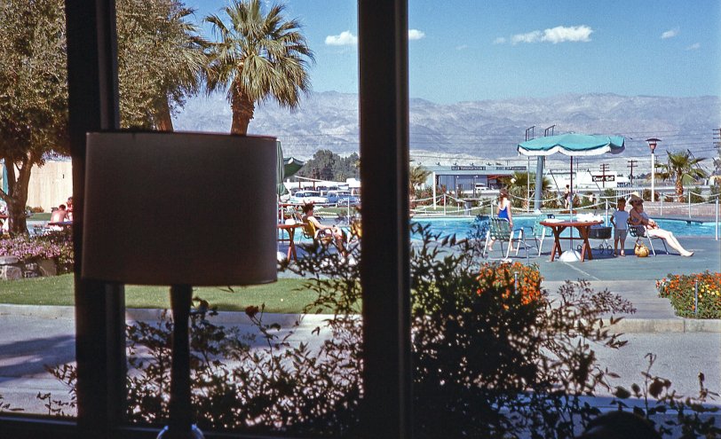 Hacienda Motel, Indio, California, 1963. One of many motels and hotels we stayed in during a long string of road trips my dad took us on all throughout our childhood. View full size.
