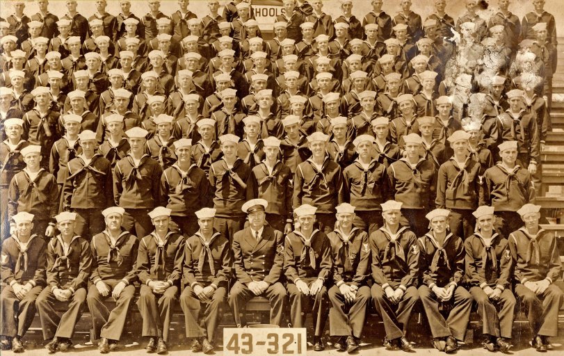 Naval Boot camp, Platoon class 43-321, San Diego, California, August-October 1943. My father, Horace A. Dillard, is the last sailor on the right, 3rd row from the bottom. He was trained as a Fireman aboard the YMS329 Minesweeper.  His graduation picture from boot camp was found in my father's possessions after he died.  I wish I knew who the other men were.  I understand from another poster, Code Basher, that the info on the ranks are as follows: The Chief Petty Officer was probably the Company Commander. The First Class Petty Officer (fourth from left, front row) was probably the Executive Officer. All other men are E-1 Seamen Recruits (white band around right shoulder.) The tall recruit between the petty officers would have been the "Recruit Company Commander." The third from the left and the fourth from the right would have been "Recruit Platoon Leaders." View full size.
