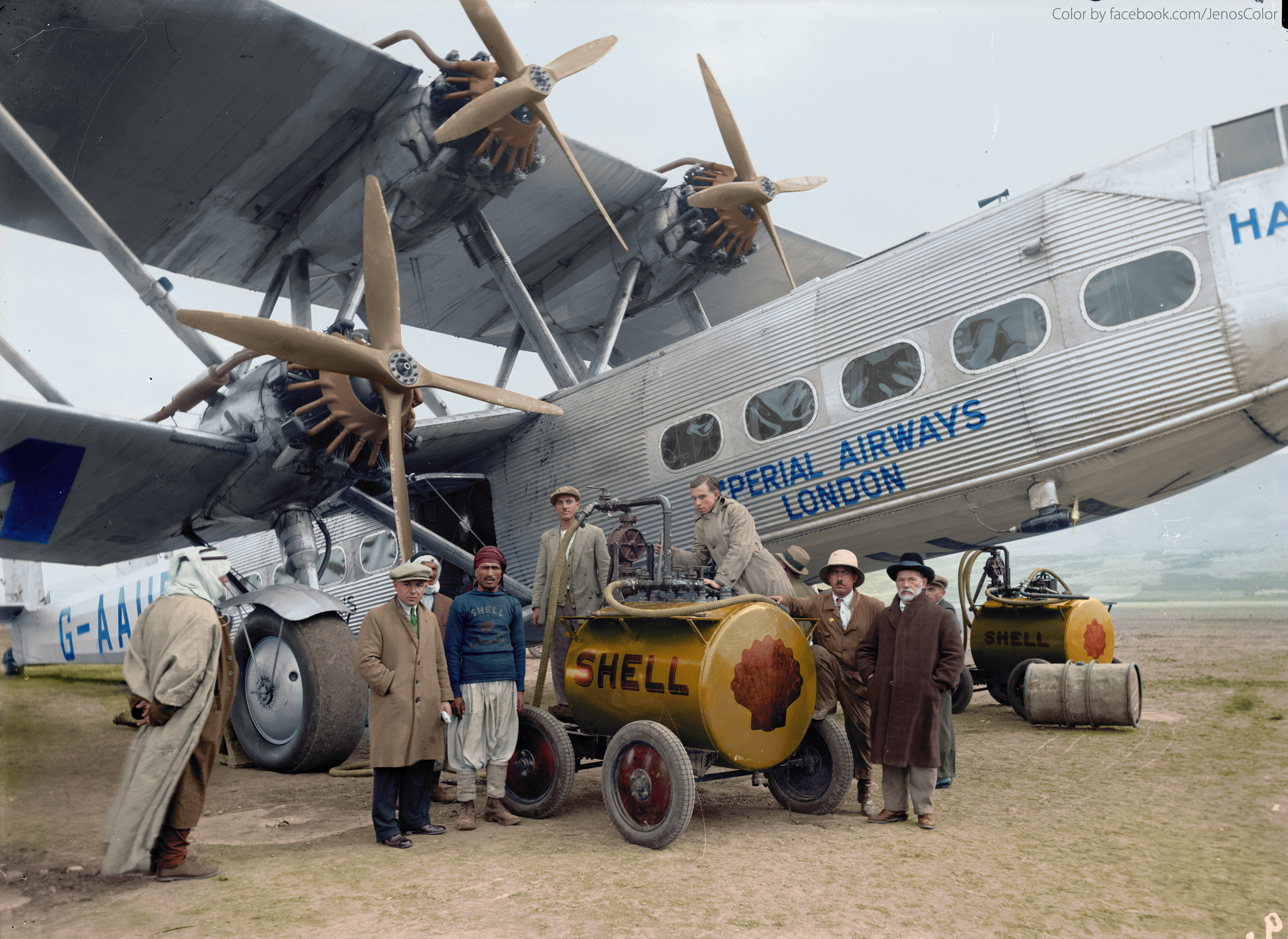 Colorized from this Shorpy original. Handley Page H.P.42 of Imperial Airways refueling at Samakh, October, 1931. View full size.