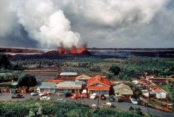 From 1960, another view of the Kilauea eruption near Kapoho. Building at left is the F. Nakamura Store. 35mm Ektachrome transparency. View full size.