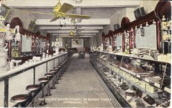 Color tinted postcard showing interior of The Palace Confectionery in Harrisburg PA. Postmark date is 1914 (still has 1 cent stamp attached). The approximate location would have been across the street from The Whitaker Center, where Harrisburg University stands. View full size.
(ShorpyBlog, Member Gallery)