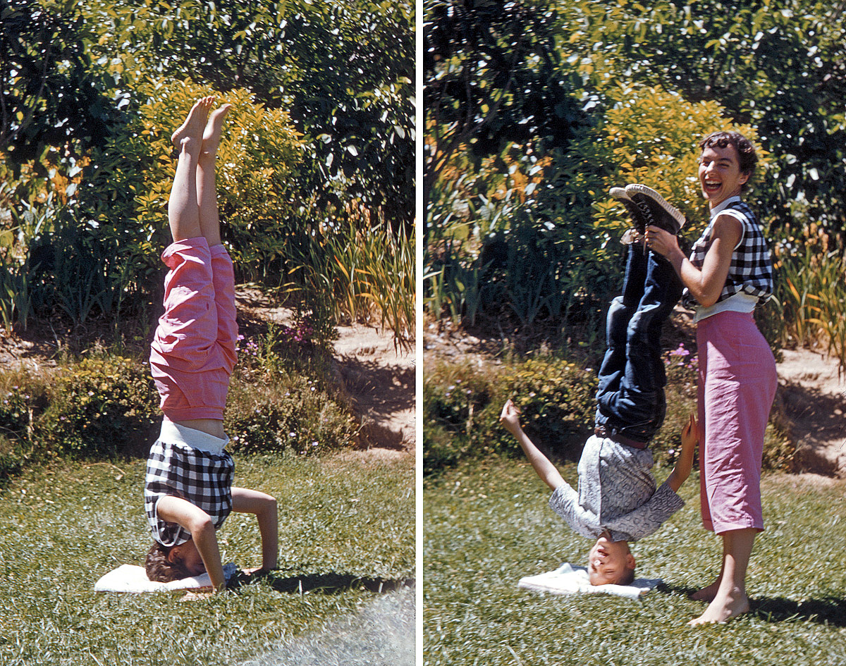 Method 1: Make use of your poise, balance and coordination.
Method 2: Lacking any of those, make use of your big sister.
A pair of Kodachromes shot by my brother on our lawn in 1955. View full size.