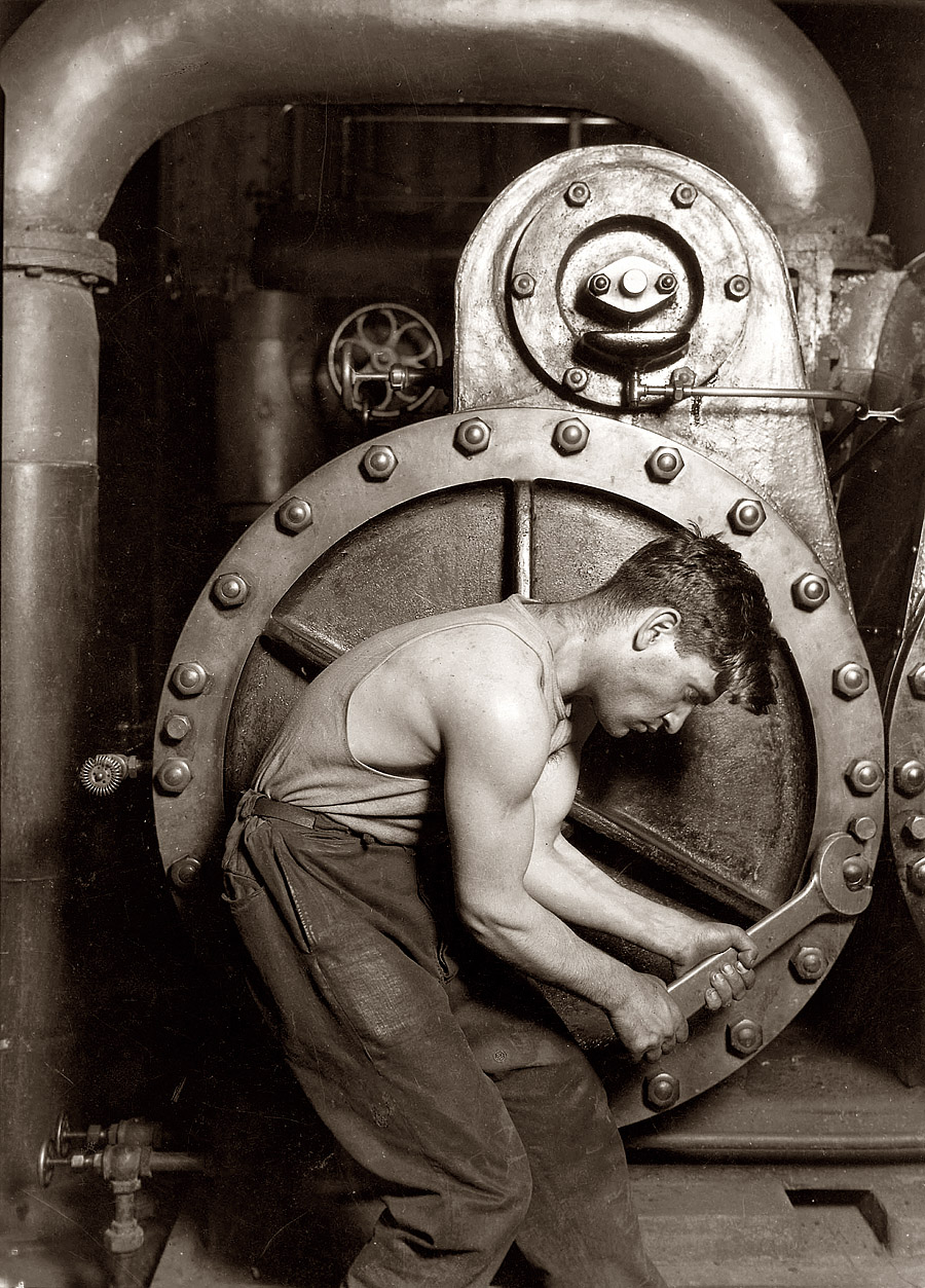 &nbsp; &nbsp; &nbsp; On this Labor Day 2021, Shorpy wishes everyone a meaningful and at least momentary break from toil.
"Powerhouse Mechanic and Steam Pump" (1921). One of Lewis Wickes Hine's celebrated "work portraits" made after his decade-long project documenting child labor. View full size.