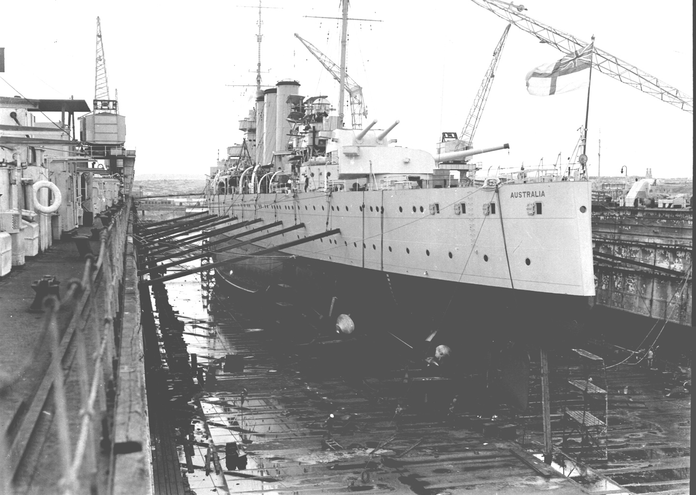 HMAS Australia in drydock circa 1938. Photo by Saxon Fogarty RAN. View full size.