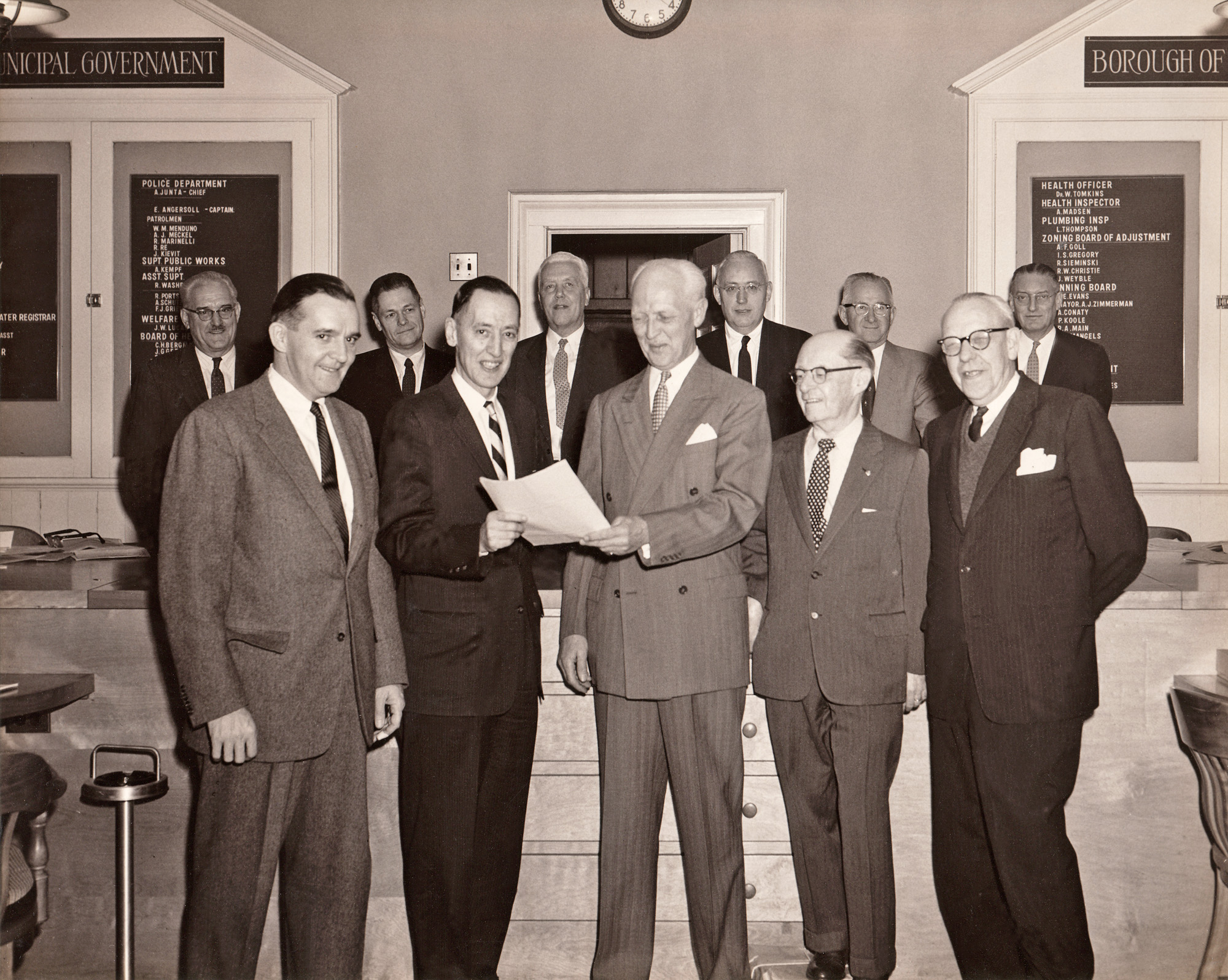 The Ho-Ho-Kus, New Jersey town council swears in Mayor A.J. Zimmerman in the early 1950s. My grandfather is back left. View full size.