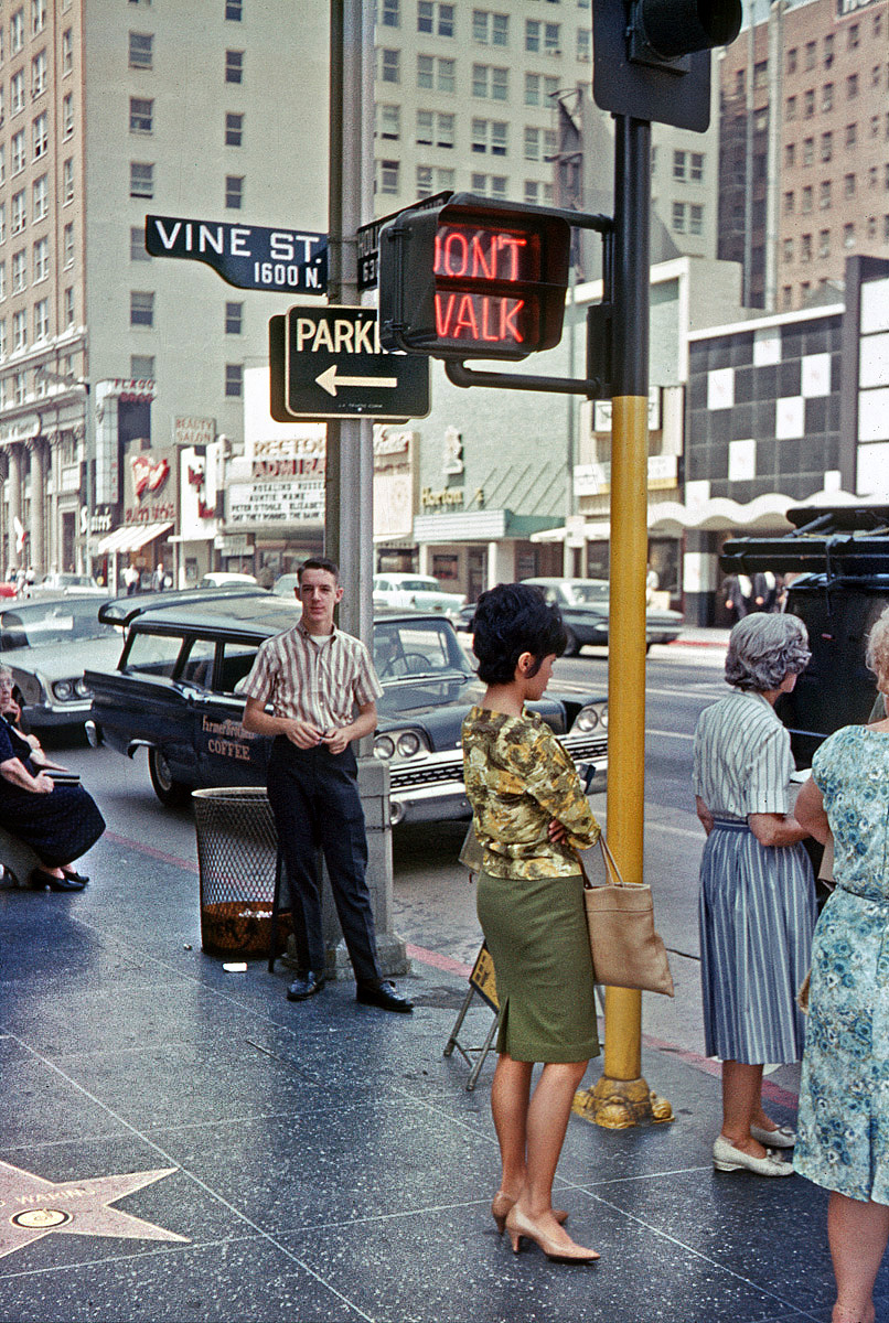 August 1963. Here I am at world famous Hollywood & Vine, or in this case, Don't Walk & Vine. Hint: I'm not the one in the green skirt and heels. View full size.