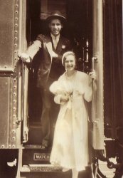 Roland Chagnon and Rose Boneville Chagnon leaving for their honeymoon in 1930 from the train station in New London, CT
Just MarriedWhat a sweet photo!  They look so happy!
(ShorpyBlog, Member Gallery)
