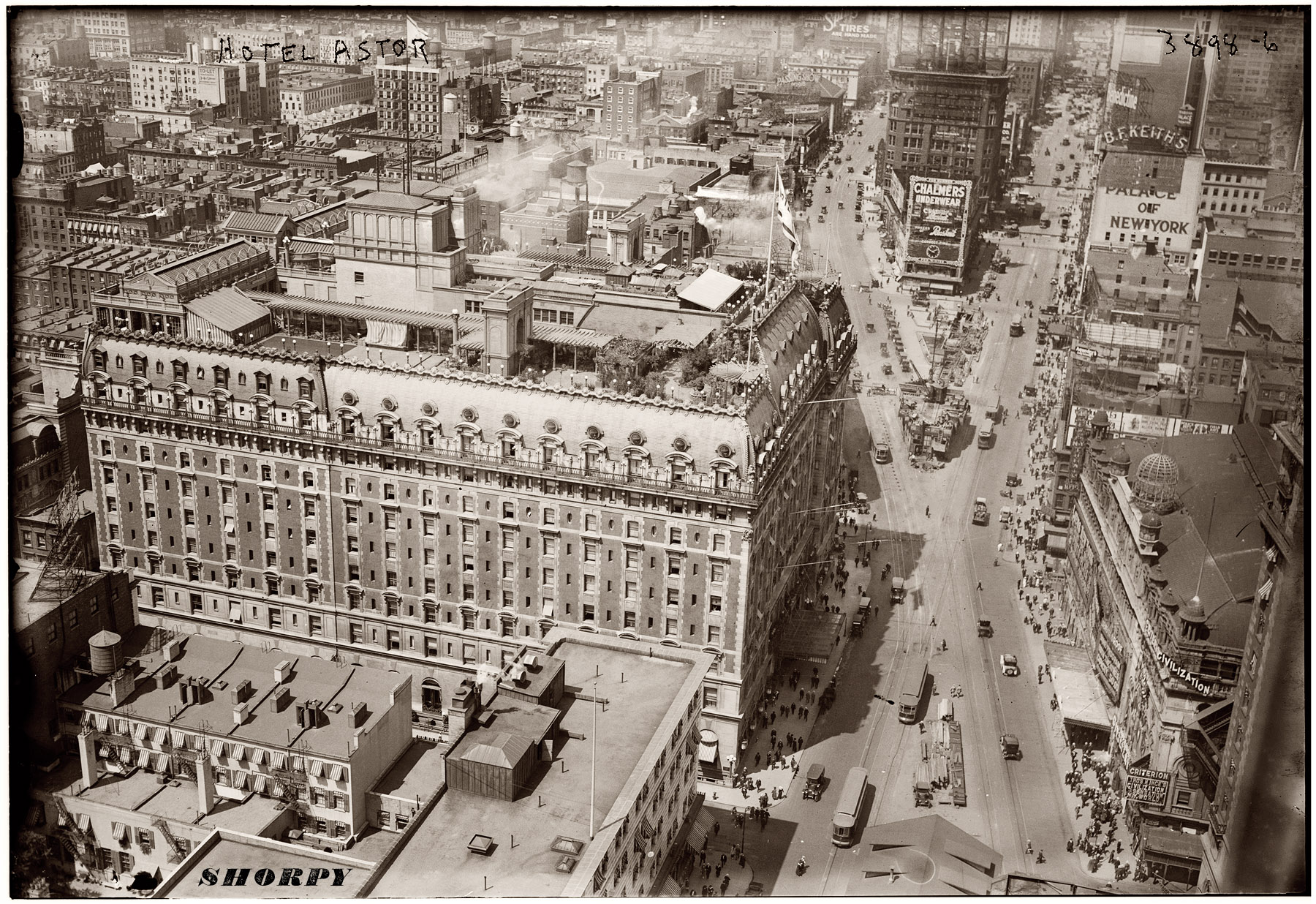 The Hotel Astor on Times Square circa 1916. Note roof garden and, at lower right, the elaborate marquee for the film "Civilization." View full size. (George Grantham Bain Collection.) The building, at 1515 Broadway and West 44th Street, was demolished in 1967 and replaced by, in the words of one architecture critic, a "hideous tall office tower," 1 Astor Plaza, whose crownlike top is a familiar sight from across the Hudson River in New Jersey.