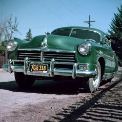 Another view of our 1948 Hudson Super Six, first seen here. Now it's parked in front of our summer place in East Guernewood, California. Presumably this is where we were headed in the previous shot. Once again, a 2-1/4 square Ektachrome transparency. View full size.