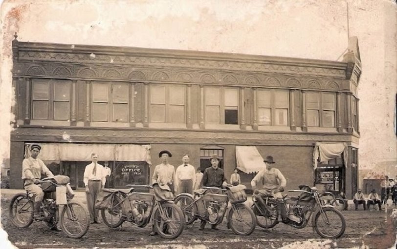 Foss, Oklahoma, 1907. Mail carriers, mode of transport: Harley Davidson motorcycles. Photograph taken by my great-grandfather, Edward M. Blunck. View full size.
