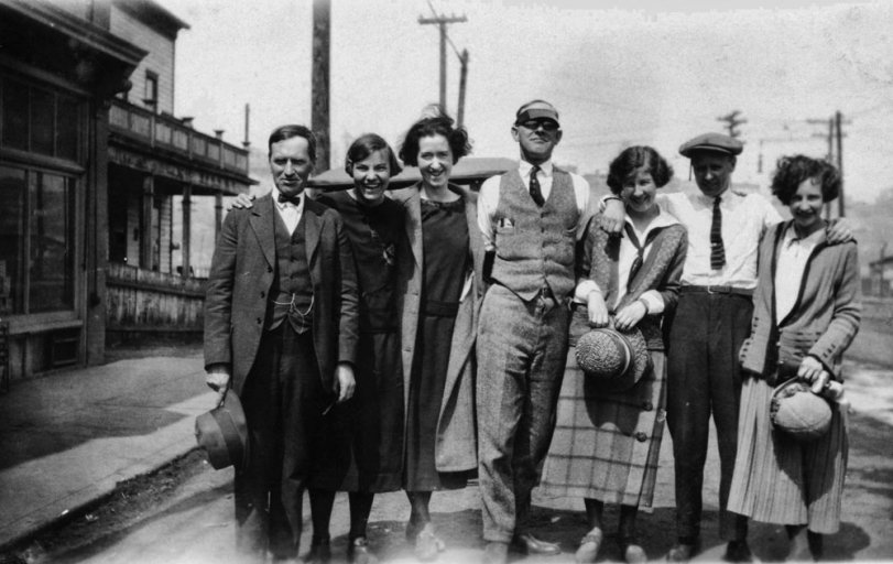 I found this photo in a box in my Dad's garage.  We have no idea where it came from, but we're pretty certain that Mr. Johnson, McComb and their friends were having a wonderful time!
The back of the photo reads:
May 15, 1924
Mr. Johnson, Grace, Mrs. Bentley, McComb, Grace, Mr. Brown, Doris.
View full size.
