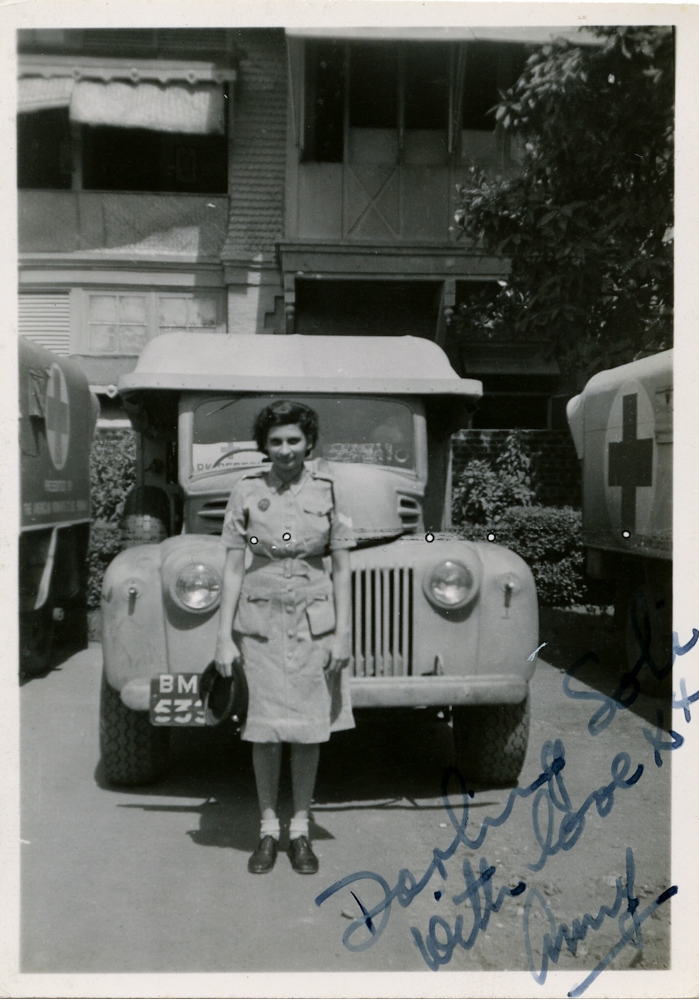 Aunt Amy in her St. John's Ambulance Transport Unit uniform, 1945. Bombay. The inscription was to my Dad. View full size.