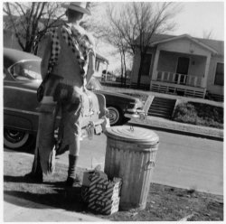 I don't know who this is, but liked the picture a lot. Taken in front of our home on Hondo Street in Dallas. Although the print says it was developed in January 1956, I'm thinking Halloween party, October 1955. I see Jax beer boxes and what looks like a 1954 Pontiac. View full size.
Very close.That's a '53 Pontiac, and across the street, a '55 Dodge. Great shot–like the angle.
(ShorpyBlog, Member Gallery)