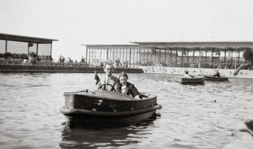 My mother and my grandfather in a paddle boat. I'm not sure which seaside resort this is. I haven't been able to pinpoint it and Mom doesn't remember. About 1932. My mother would have been 8 or so. View full size.
