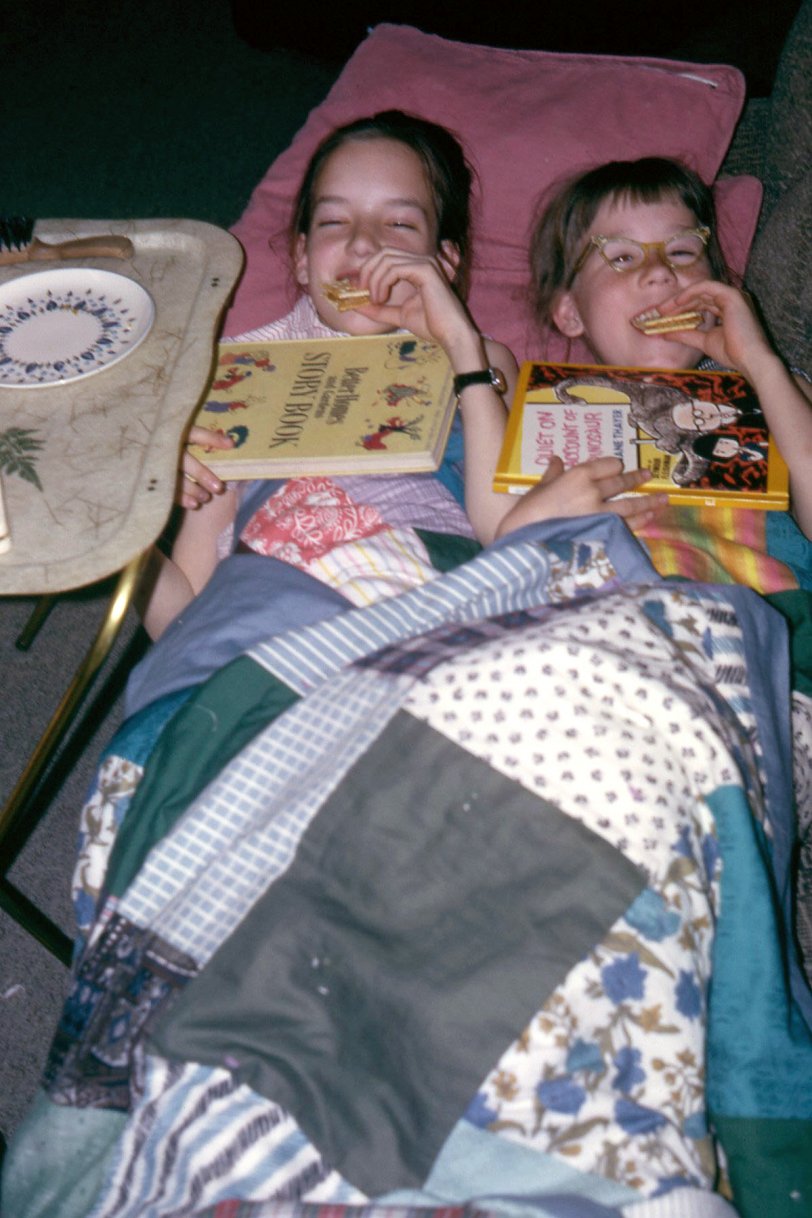 My sisters enjoying a special bedtime snack, somewhere in Indiana.  Kodachrome slide. View full size.
