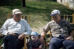 Left to Right:  my grandpa, my brother, and my dad.  Bass Lake, Indiana in 1962. Kodachrome slide.
(ShorpyBlog, Member Gallery)