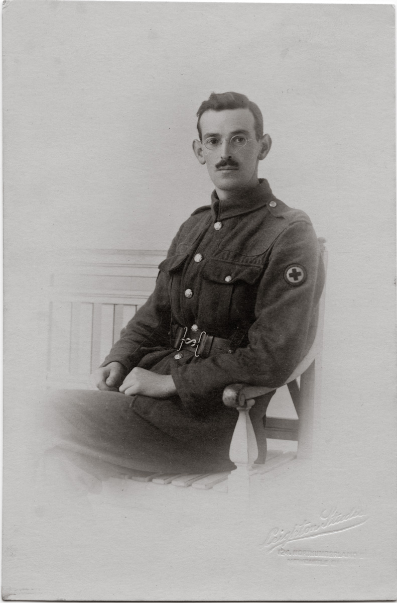 My grandfather, James Edward McIntosh, 13th Field Ambulance, Royal Army Medical Corps (with the 5th Division) in his uniform.

At one point, he was declared "missing and presumed killed". He and his men had gone in to collect the wounded in an area that had been previously held by the Germans. There was a shelling and someone reported that they had seen a shell land where my grandfather and his men had been seen walking. It took them three days to get back to their unit and in the meantime, a telegram had been sent to my great-grandmother. My grandfather tried to get a telegram to his mother but there was a "push" on and no personal messages were allowed. It was another few days before he could send a telegram telling his family he was alive and well. View full size.

The 5th Division.