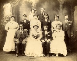 Lithuanian-American wedding. Anthony Willen married Mary Sidlewicz April 24th 1910 in Brockton, Mass. View full size.
[Relatives of yours? -tterrace]
Need help with ID&#039;sI posted this photo in hopes of some assistance with identifying other members of the Wedding Party. I have a strong belief that they were all Lithuanian immigrants living in Brockton's "Village" in Ward 6, Montello section. Shoe workers no doubt. I have four people identified thus far. The Bride was my Grand Aunt and my Grandmother, her sister is there also. Appreciate anyone's help with this. Even if it's just a idea that I can follow up on.
Thanks
(ShorpyBlog, Member Gallery)