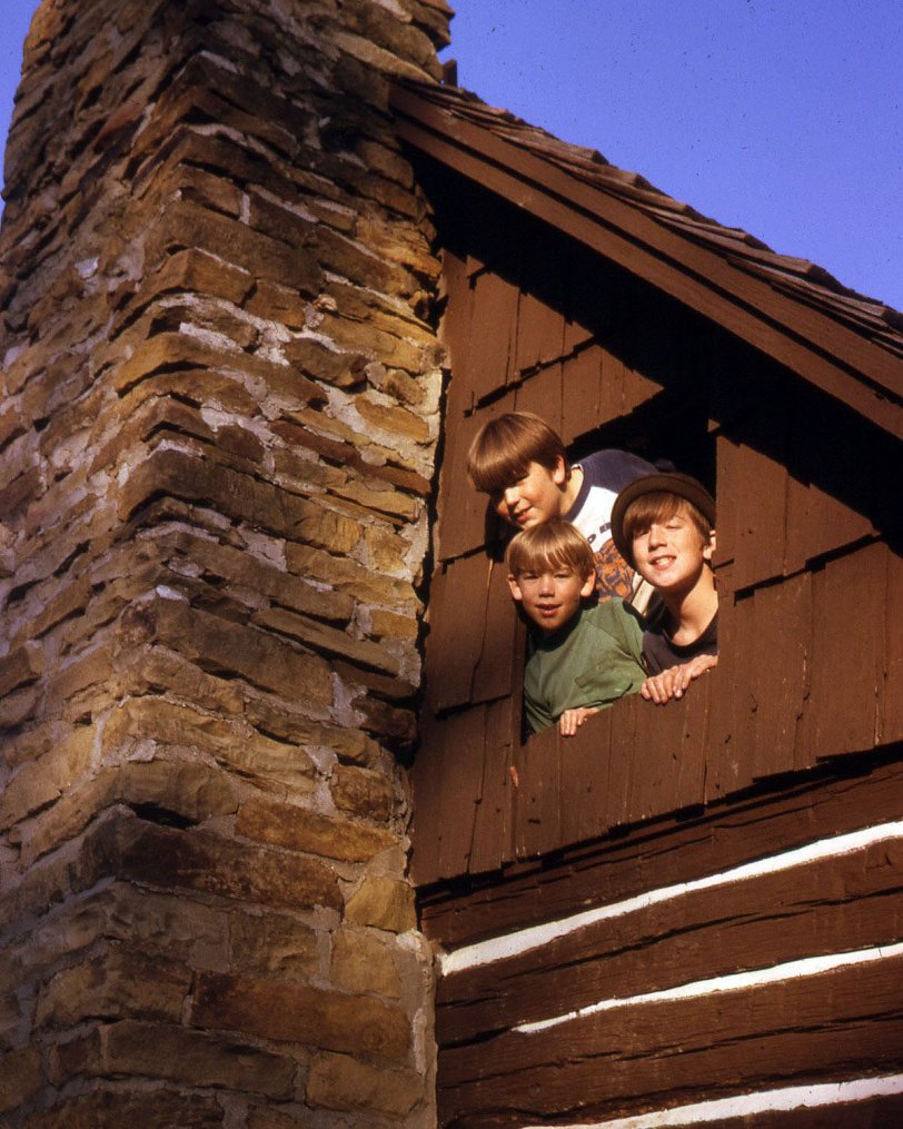 The three boys at Lincoln State Park in Southern Indiana.  Kodachrome slide. View full size.
