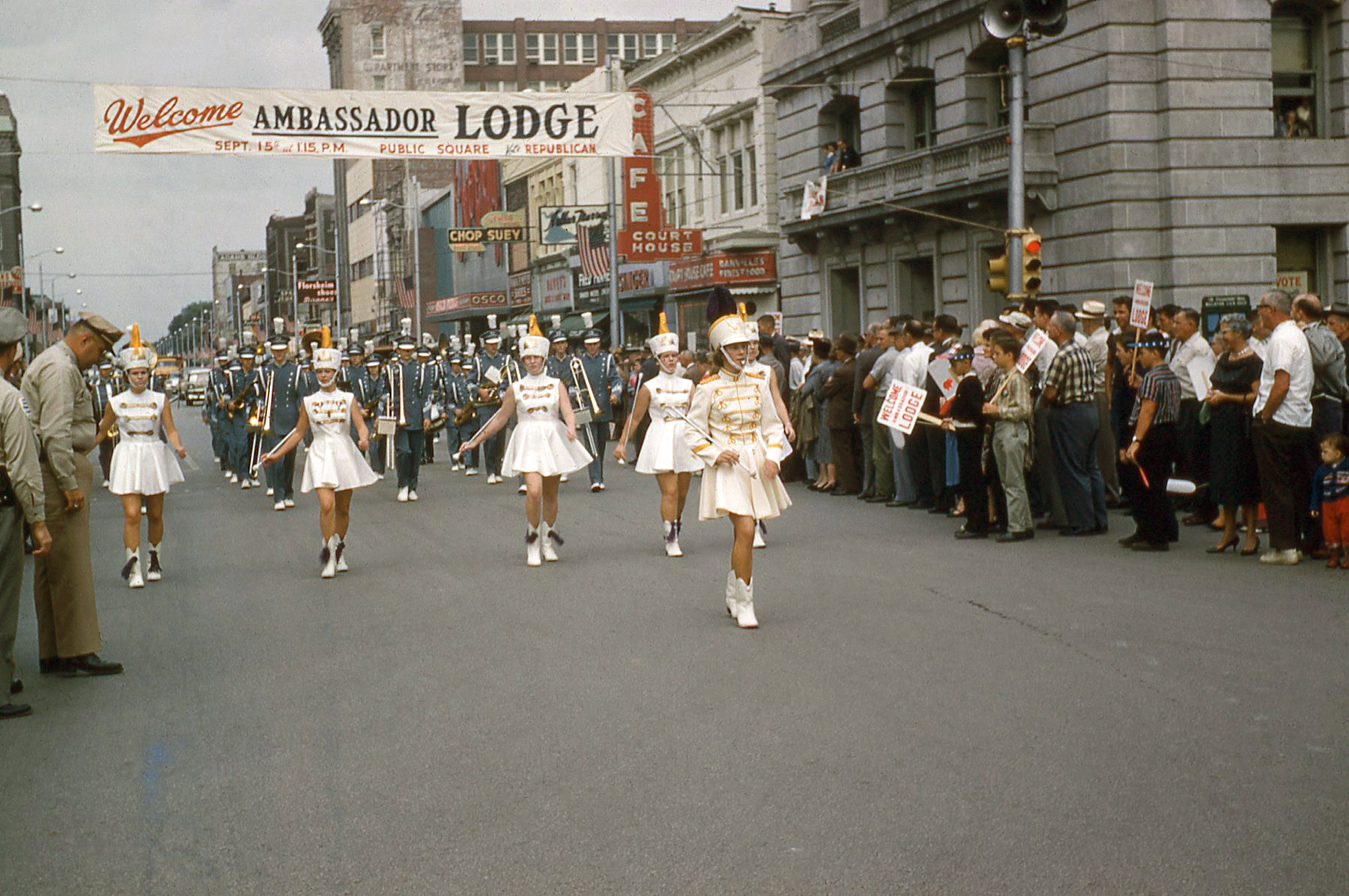 A 1960 parade welcoming Republican vice presidential candidate Henry Cabot Lodge Jr. to Danville, Illinois. 35mm slide given to me by a friend. View full size.