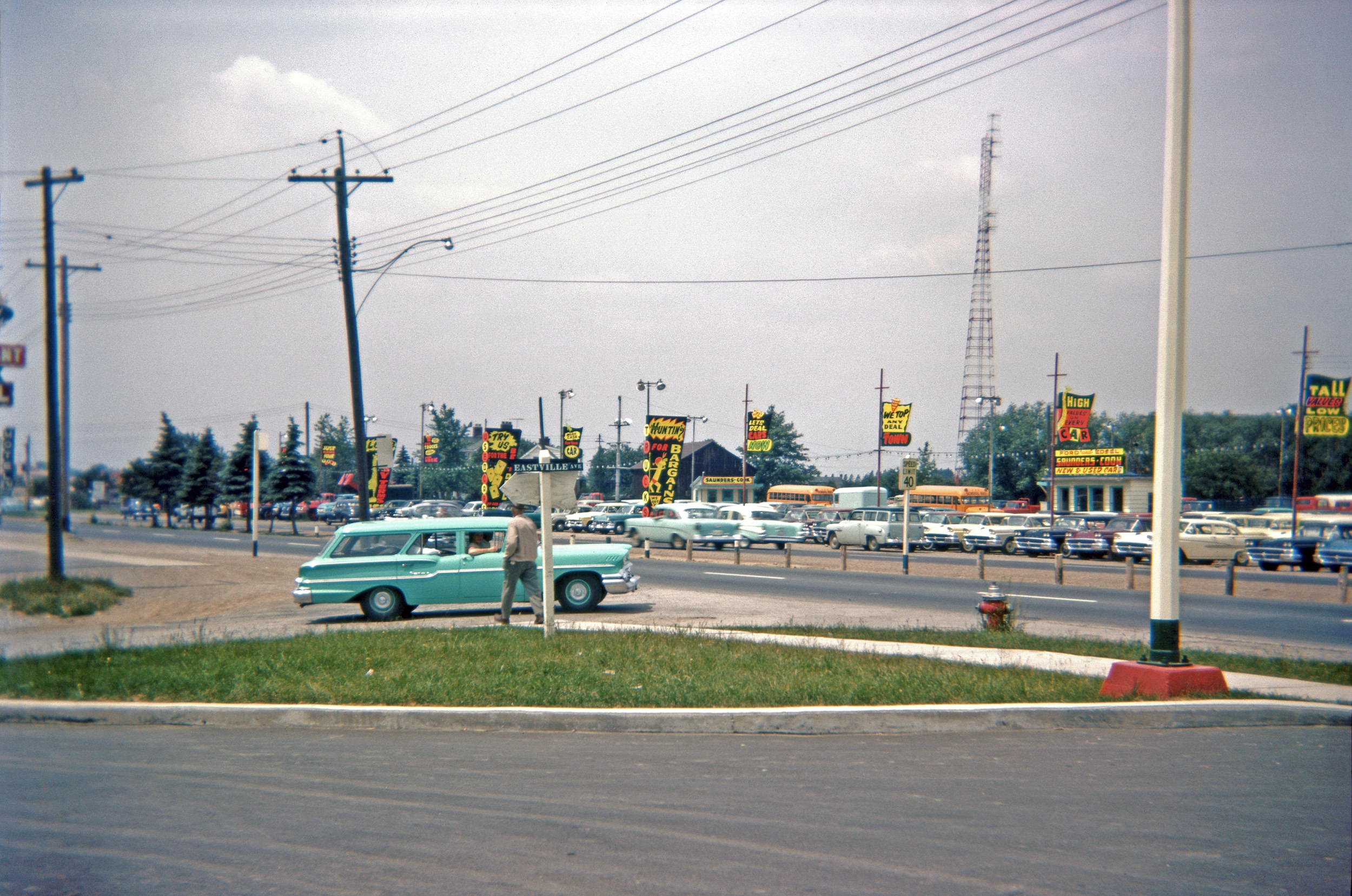 Another Ontario, Canada auto dealer, near the one shown here. A Kodachrome slide I acquired. View full size.