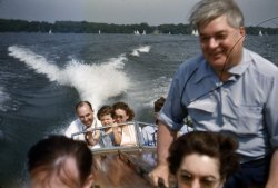 Unknown subjects, apparently shot by my dad's brother on his boat, perhaps on Bass Lake, Indiana. Kodachrome slide. The hair in the upper right was not on the slide.  